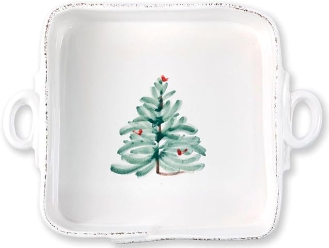 Vietri Lastra Holiday White and Green Square Baker 11.5"L, Stoneware Oven Baking Dish & Serving Pan, Christmas Bakeware