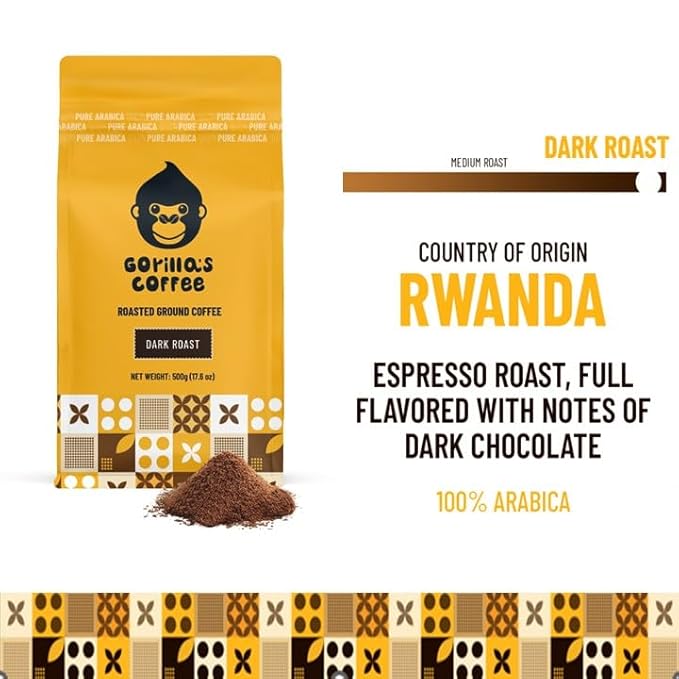 Gorilla's Coffee 100% Arabica - Dark Roast Ground Coffee, Fair Trade, Full Bodied, with Bold with a Touch of Smokiness | Premium Rwandan Coffee | Rich, Flavorful, and Aromatic (500 g/17.6 oz)