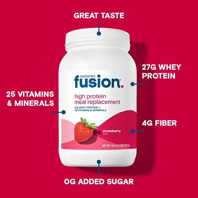 Bariatric Fusion Strawberry Meal Replacement 27g Protein Powder, 21 Serving Tub for Bariatric Surgery Patients Including Gastric Bypass and Sleeve Gastrectomy - No Gluten, Aspartame or Sugar