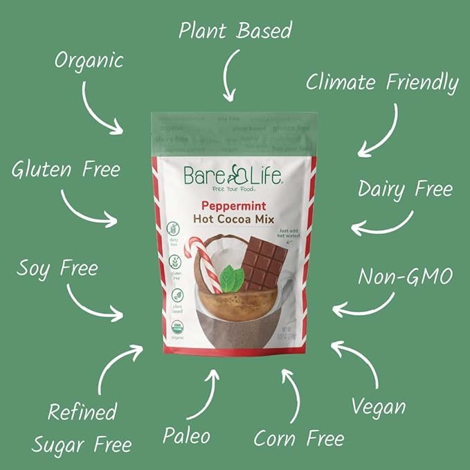 Bare Life: Instant Dairy Free Peppermint Hot Cocoa Mix - 10 Serving Pouch | Gluten Free, Vegan, Organic, Plant Based, Paleo, Soy Free, Corn Free, Lactose Free, Refined Sugar Free, Hot Chocolate, 9.52 oz.