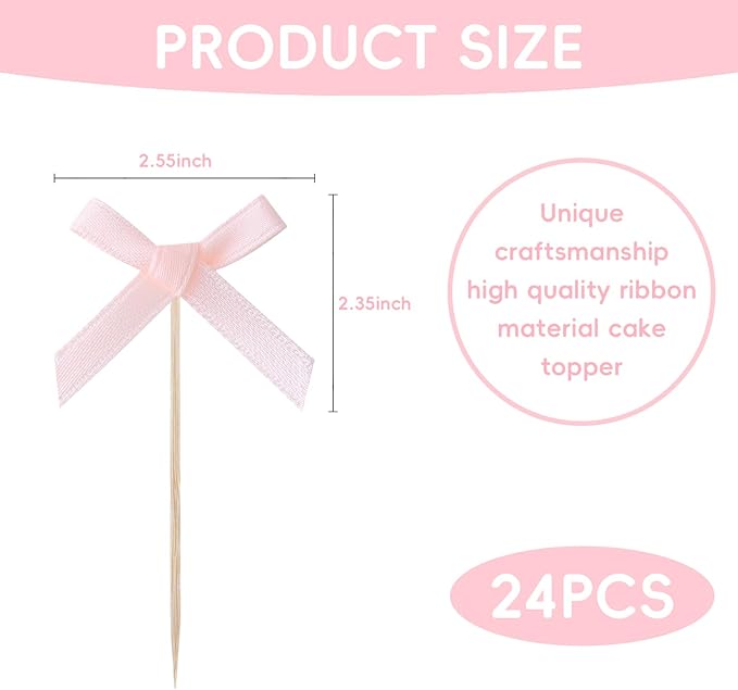 24Pcs Pink Bow Birthday Decorations Cupcake Toppers Supplies Pink Bow Baby Shower Cupcake Toppers Decorations for Girl Party Supplies Coquette Birthday Decorations