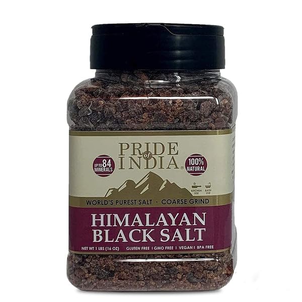Pride Of India -PACK of 6 - Himalayan Black Salt - Coarse Grind, 1 Pound (16oz) Jar-Kala Namak - Contains 84+ Minerals -Use in grinders, restaurants & cooking - Perfect for Faux Egg Recipes Scramble