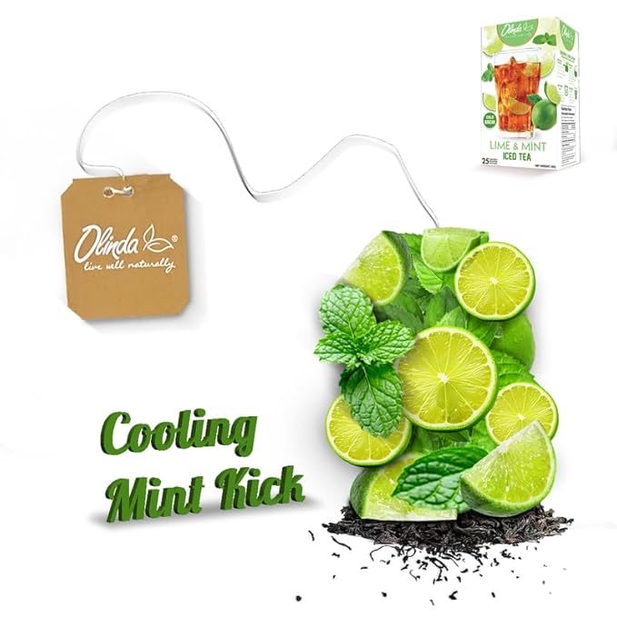 Olinda Lime & Mint Iced Tea Flavored Cold Brew with Black Tea Zero Calories Zero Carbs Zero Sugar Antioxidant Rich Summer Caffeinated Mint Easy to Make Individually Wrapped 25 Tea Bags