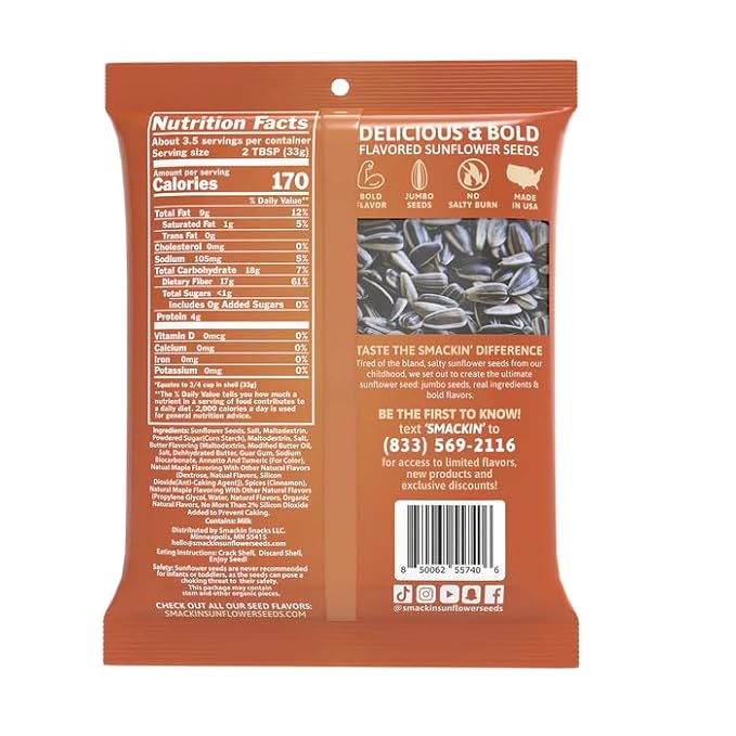 SMACKIN' Sunflower Seeds, Roasted Jumbo Small-Batch, American Made - Maple Brown Sugar. 4oz bags (12 Pack)