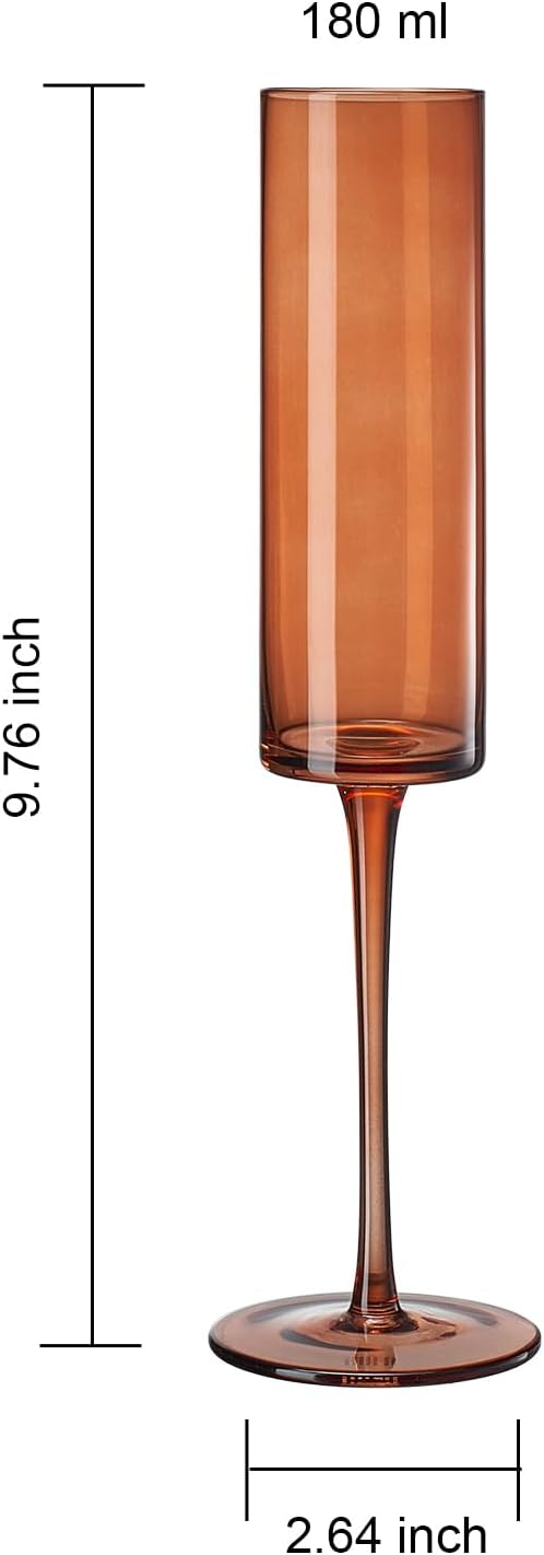 Khen Venus Glasses Luxury Glassware - Set of 6 - Everyday, Winter Gift Her, Mom, Wife, Girlfriend, Special Celebrations Drinkware, Textured Glass, Brown Style Amber Colored -Champagne Flute 6oz