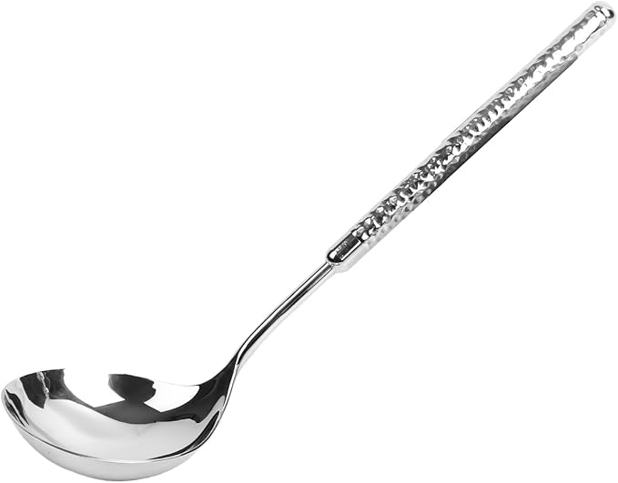 18/8 Stainless Steel Soup Ladle Small, 9.4" Metal Ladle Spoon for Soup Gravy Hot Pot Restaurant, Rustproof Kitchen Utensil Dishwasher Safe, Hammered Design with Round Handle