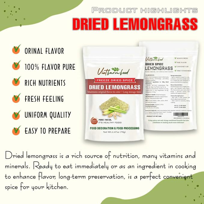 DRIED LEMONGRASS 2.47 Oz (70g) VIETFARMFOOD: Pure, natural freeze-dried spice made from real vegetables and fruits - perfect for enhancing every meal, from cooking, baking, salads, soups, sauces
