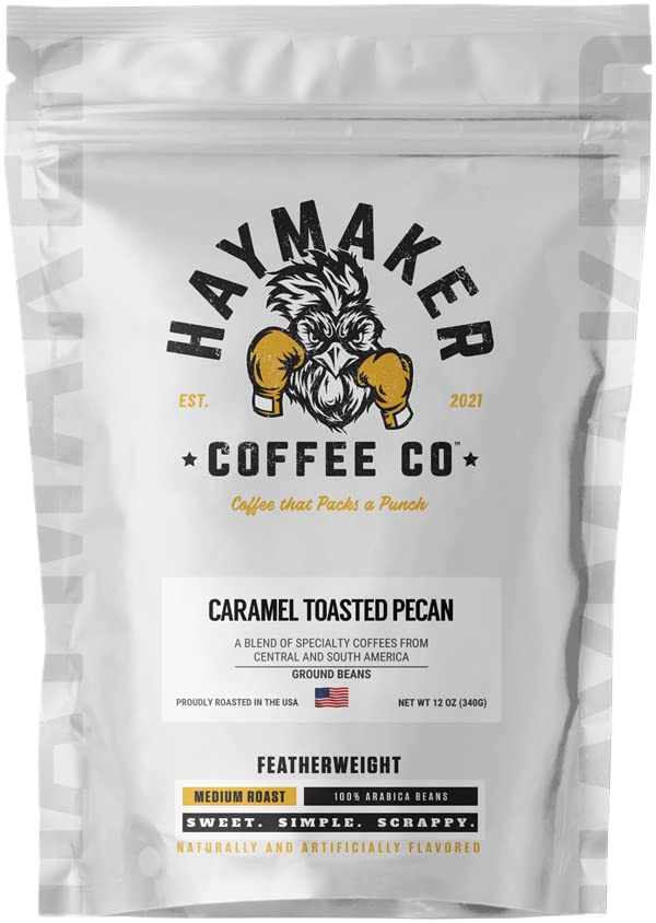 Haymaker Coffee, Caramel Toasted Pecan, Ground, 12 Ounce, Roasted in USA
