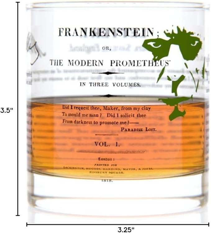 Well Told Classic Literature Rocks Glass - Frankenstein by Mary Shelley - Old Fashioned Whiskey Glass Gift for Book Lovers (11 oz)