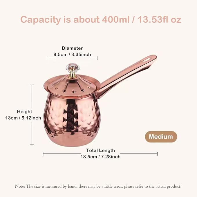 Hammered Stainless Steel Turkish Coffee Pot - 13.5 Oz, 400 Ml - Cezve Ibrik with Handle and Lid, Rose Gold, Stovetop Maker