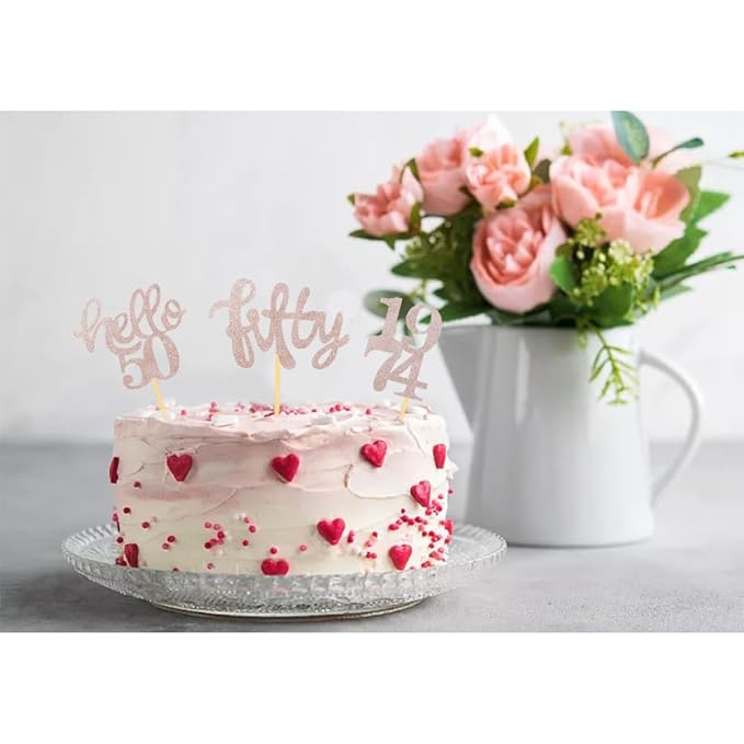 24 Pcs Rose Gold Glitter 50th Birthday Cupcake Toppers for 50th Birthday Celebrating Party Decorations