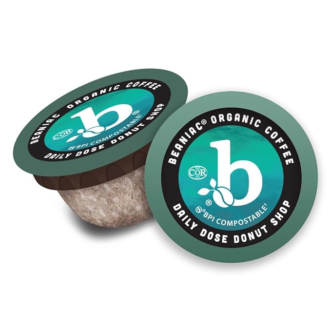 beaniac Organic Daily Dose Donut Shop, Light Roast, Single Serve Compostable K Cup Coffee Pods, Organic Arabica Coffee, Keurig Brewer Compatible, 30 Count