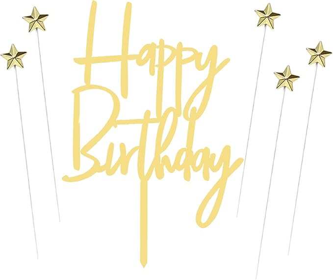 ZHENGYE Set of 1 Glod Acrylic Happy Birthday Cake Topper And 5 Pieces Glod Star-Shaped Cupcake Topper Cake Decoration Supplies for Baby Shower Birthday Decorations(Glod 20)