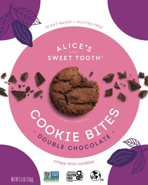 Alice's Sweet Tooth Double Chocolate Cookie Bites - Gluten-Free, Vegan, Crunchy Mini-Cookies - Plant-Based, Dairy-Free, Grain-Free, Soy-Free, Kosher ??5.5 ounces