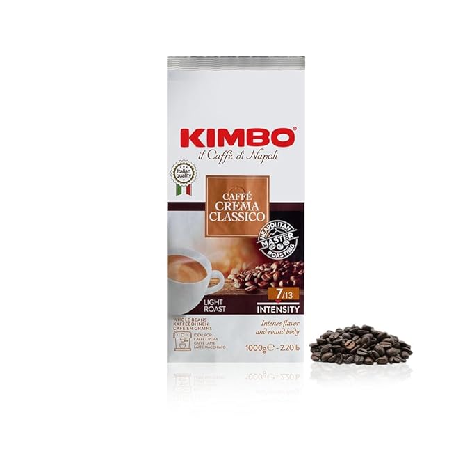 Kimbo Caffe Crema Classico Whole Bean Coffee | Blended and Roasted in Italy | Light Roast | 7/13 Intensity, 2.2 Lbs Bag