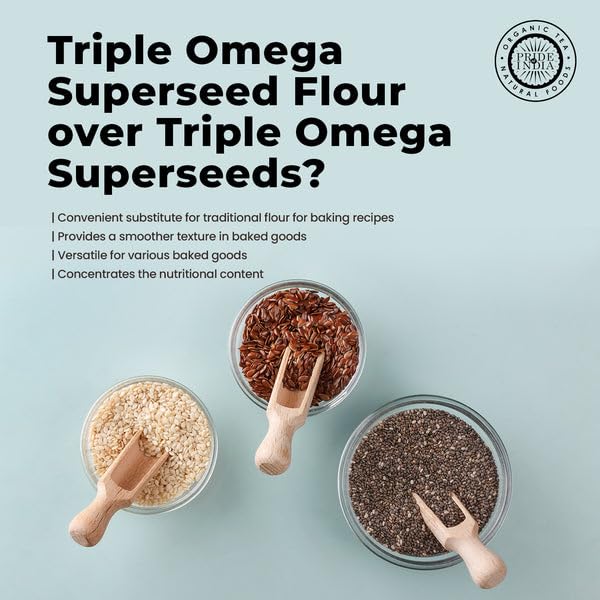 Pride of India - PACK of 6 - Triple Omega Superseed Flour 1 lbs (454 gm) Nutty Earthy Taste Milled in Small Batches | Chia Flax Sesame Seed mix | Used for Cooking Baking Coating Muffins Smoothies