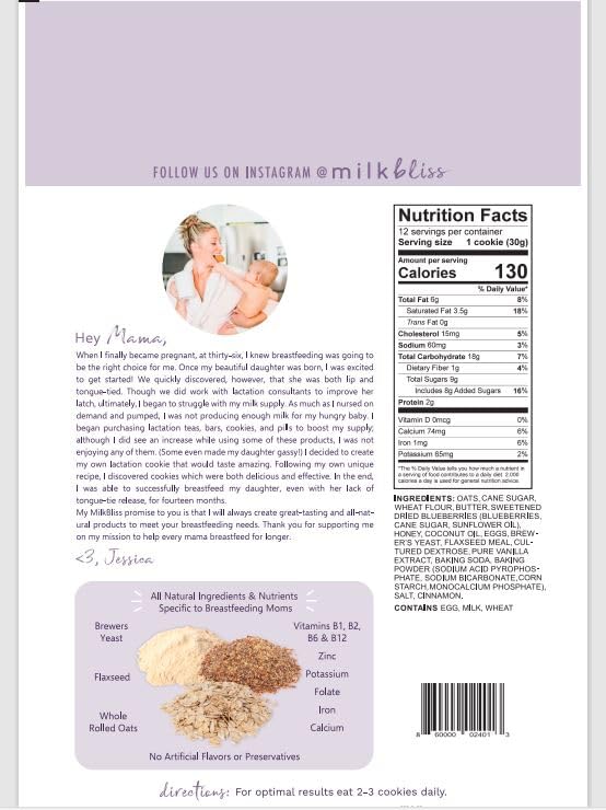 MilkBliss Wild Blueberry Soft Baked Oatmeal Lactation Cookies for Breastfeeding Support to increase Breastmilk Supply, 12 OZ