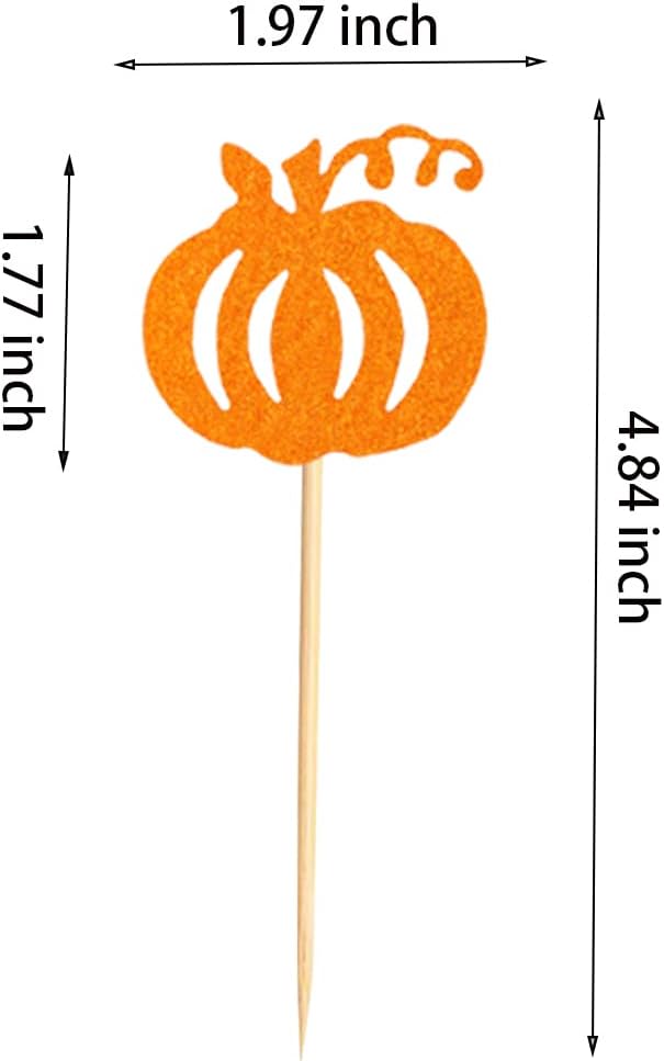 24pcs Orange Glitter Pumpkin Cupcake Toppers - Fall Theme Picks for Thanksgiving, Halloween, Birthday, Baby Shower Party Decoration Supply