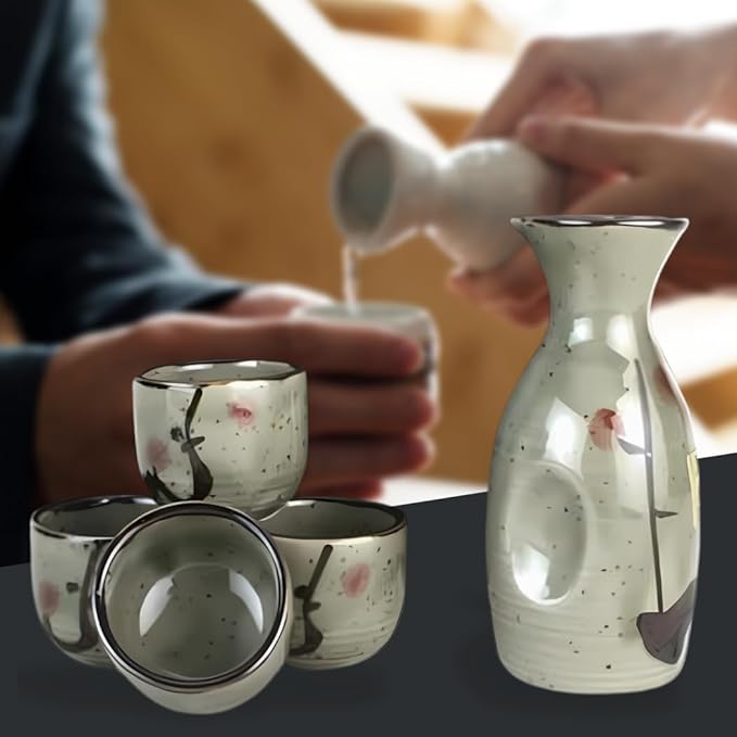 JapanBargain 3327, Japanese Plum Porcelain Sake Set Sake Carafe Bottle Sake Cups for Serving Hot Sake and Cold Sake, Made in Japan, Green, 5 oz