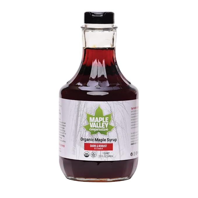 Maple Valley Organic Pure Maple Syrup, Dark & Robust Better Than Pancake Syrup, Use for Coffee or All-Natural Sugar Substitute in Cooking and Baking (32oz Glass Bottle)
