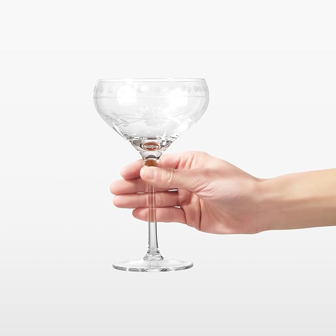 Premium Delight Coupe Glasses Set of 4, 10.8 oz – Hand-Blown with Etched Long Stem, Classic Glassware for Weddings, Dinners, and Holiday Gifting (Coupe Glasses)