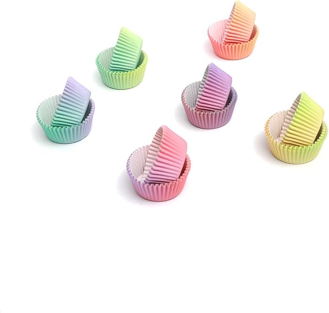 QiQee 300PCS Mini Gradient Cupcake Liners - 6 Designs Macaroon Gradient Cupcake Papers Baking Cups - Small Size