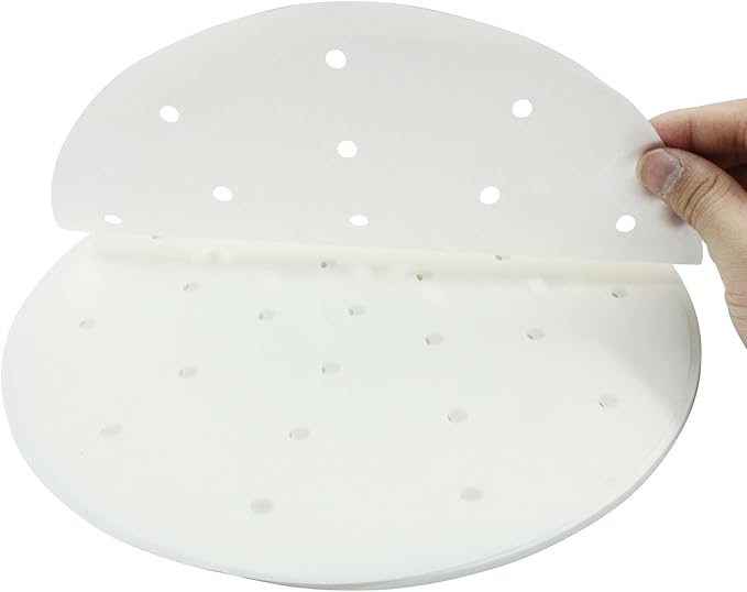 100 Pack 10 Inch Bamboo Steamer Liner - Round Air Fryer Parchment Paper with Holes - White Non Stick Steamer Paper for Air Fryer Basket, Oven, Microwave, Bamboos Steamer