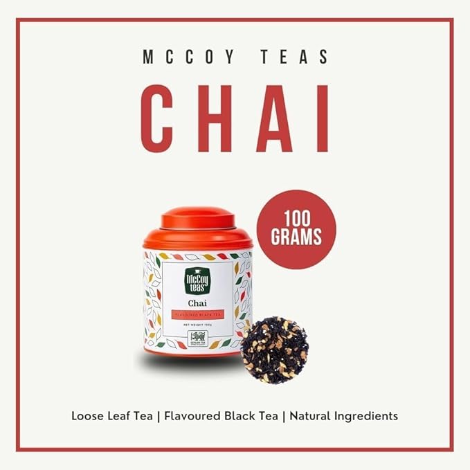 McCoy Teas Chai Tea Flavored Black Loose Leaf Tea Make Hot or Cold Ice and Brews with Premium Tea from Sri Lanka, 100g Can (Pack of 01)