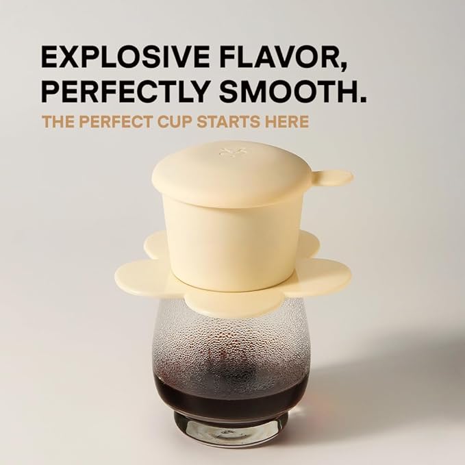 ??Vietnamese Coffee Dripper Phin Filter ??Pour Over Coffee Maker ??Single Cup Dripper with Flower Design ??Reusable Coffee Filter- Paperless Filter for Sustainable Brewing (Ivory)