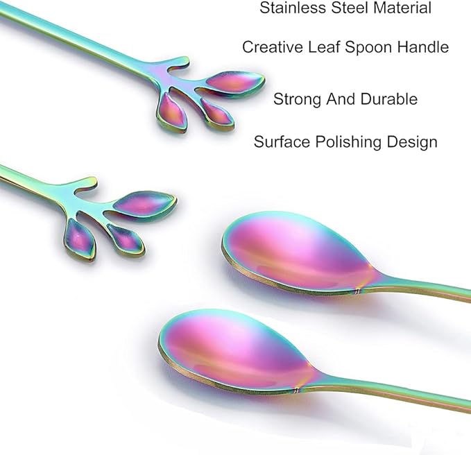 AnSaw Elegant Rainbow Leaf Coffee Spoons - 10-Piece, 4.7" Mini Stainless Steel Espresso & Dessert Tea Spoons, Perfect for Demitasse & Small Servings
