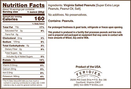 FERIDIES Super Extra Large Salted Virginia Peanuts 18 ounce Can