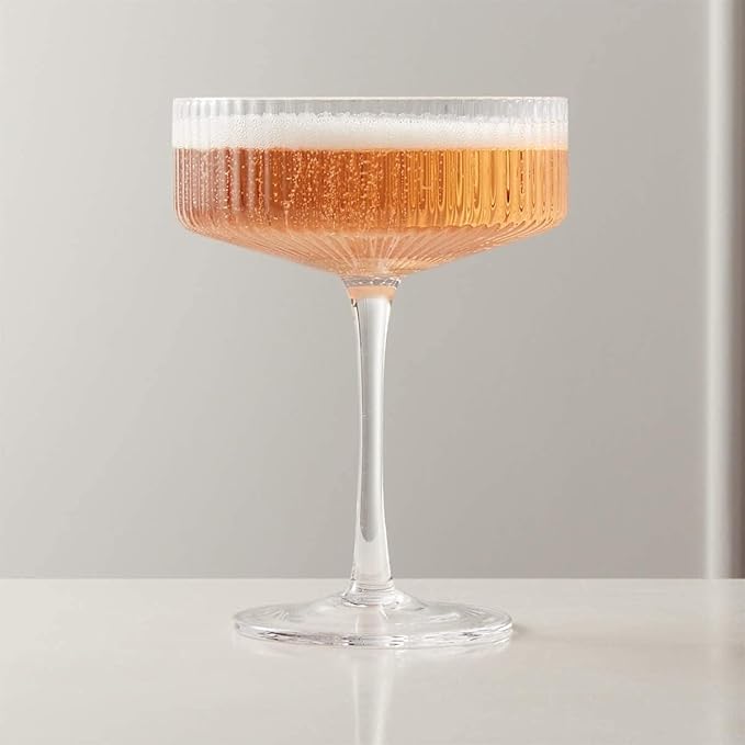 Khen Ribbed Vintage Art Deco Coupe Glasses - Martini, Champagne & Cocktail Ribbed Glasses 12oz | Cute Crystal Glassware Sets - Goblet Stemmed Ripple Glassware, Housewarming Glass Gifts, Clear 2 Piece