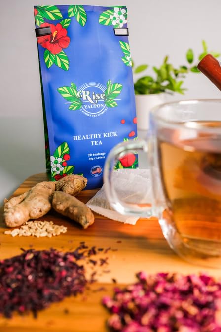 Rise Yaupon Healthy Kick Yaupon Holly Tea, 20 Tea Bags, 1.06 oz, Caffeinated Yaupon Holly with Cinnamon, Ginger, Rose Hips, Rose Petal, Hibiscus