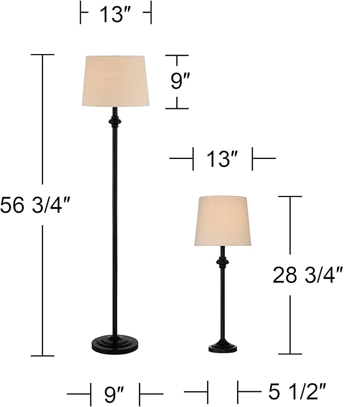 360 Lighting Carter Traditional 3 Piece Table Floor Lamp Set Black Metal Cream Fabric Tapered Drum Shade Decor for Living Room Bedroom House Bedside Nightstand Home Office Reading Family