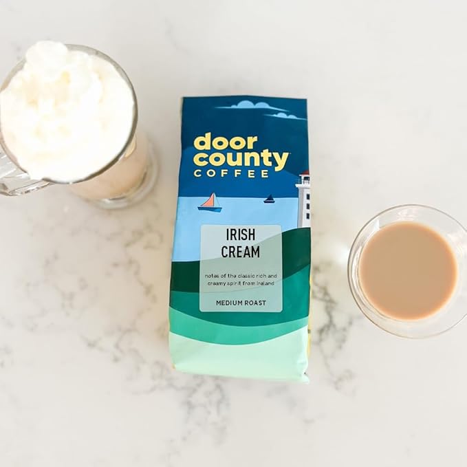 Door County Coffee Irish Cream Flavored Ground Coffee - 10 oz Bag - Medium Roast - 100% Specialty Arabica - 100% Specialty Grade 1 Arabica Coffee