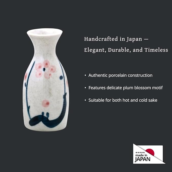 JapanBargain 4978, Japanese Porcelain Plum Sake Set Sake Carafe Bottle Sake Cups for Serving Hot Sake and Cold Sake, Made in Japan, White, 5 oz