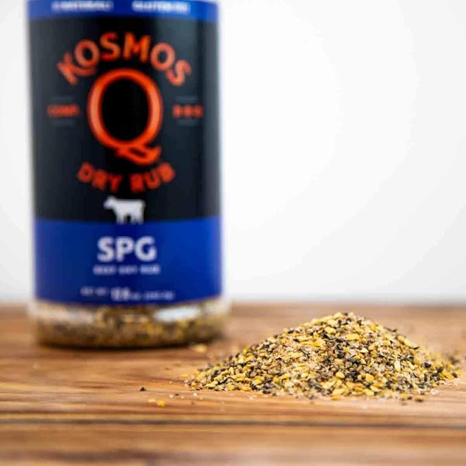 Kosmos Q SPG BBQ Dry Rub, Bold Salt Pepper Garlic Blend with Organic Cane Sugar, BBQ Seasoning for Brisket, Chicken, Steak, Ribs, Pork, Seafood & Veggies, Meat Rub for Smoking & Grilling, 12 Oz Shaker