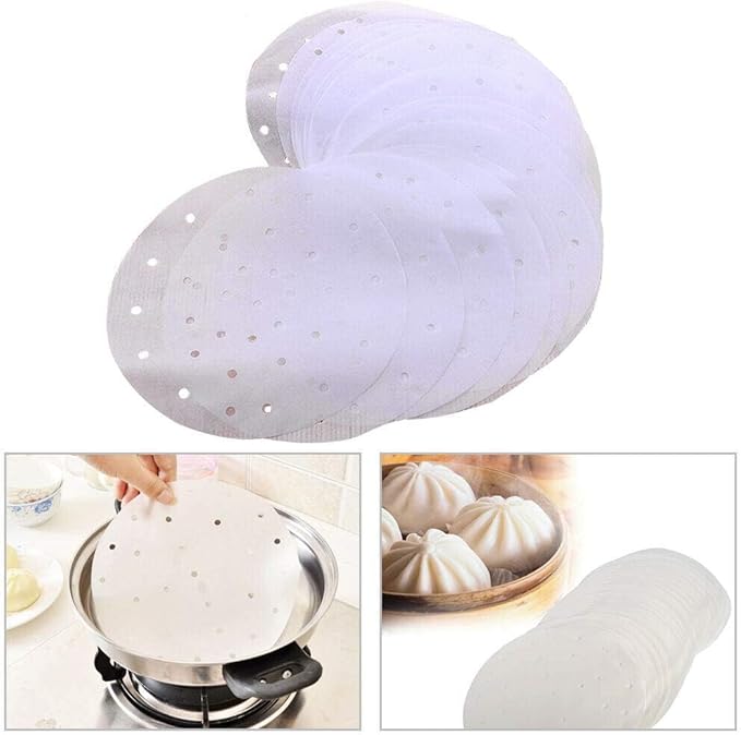 100pcs Air Fryer Liners, 10 inches Bamboo Steamer Liners, Premium Perforated Parchment Steaming Papers, Non-stick Steamer Mat Liner for Air Fryers Baking Cooking Oven