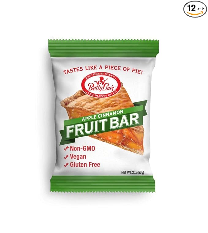 Betty Lou's Fruit Bars, Apple Cinnamon Pack of 12, Gluten Free, Vegan, Non GMO, Deliciously Healthy Snacks Made with All Natural Fruit Juice, Individually Wrapped, 2 oz. Each, 12 Bars