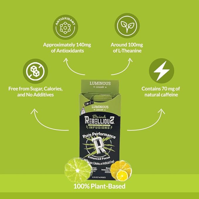 Rebellious Luminous Limeade Organic Drink Mix ??Zero Calorie Energy Drink Mix | Monk Fruit & Green Tea Extract | L-Theanine + Natural Caffeine | 100% Plant-Based | Pack of 10 | Keto,Gluten-Free