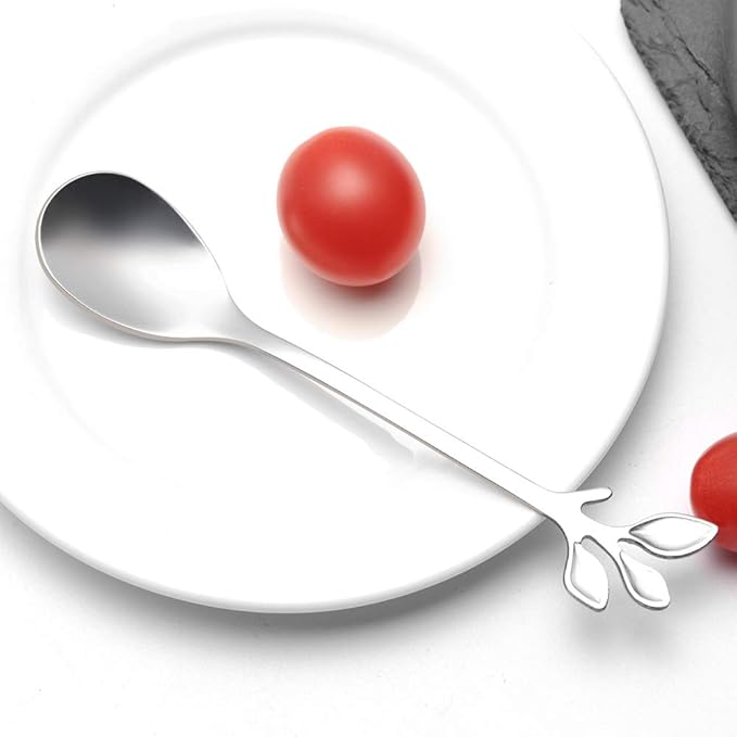 AnSaw Elegant Silver Leaf Coffee Spoons - 10-Piece, 4.7" Mini Stainless Steel Espresso & Dessert Tea Spoons, Perfect for Demitasse & Small Servings