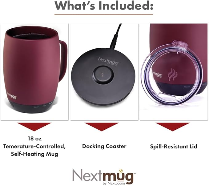 Nextmug Plus - Temperature-Controlled, Self-Heating Coffee Mug (Burgundy - 18 oz.)