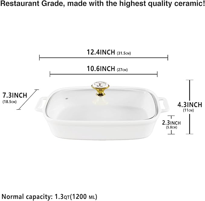 10" x 7" Ceramic Rectangular Casserole Dish with Glass Lid, 1.3 Quart White Serving Soup Tureen,Chafing Dish for Buffet, Family Food preserve Tray, Catering Casserole for Party Style