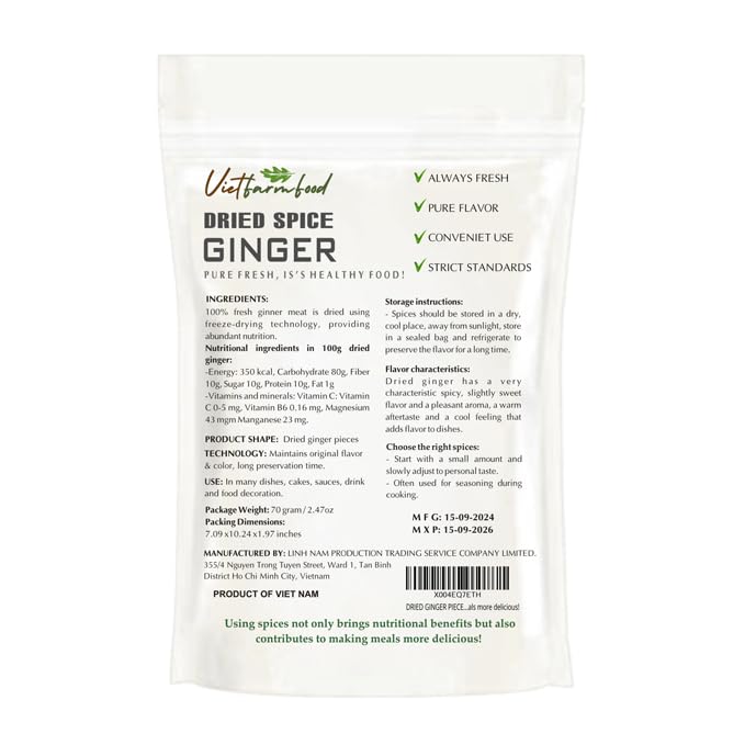 DRIED GINGER PIECES 2.47 Oz (70g) VIETFARMFOOD: Pure, natural freeze-dried spice made from real vegetables and fruits - perfect for enhancing every meal, from cooking, baking, salads, soups, sauces