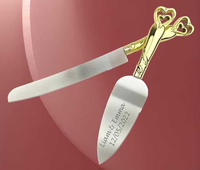 GIFTS INFINITY® Personalized Gold Interlock Hearts Wedding Cake Knife and Server Set Free Engraving (2536) - Valentine's Day Gift