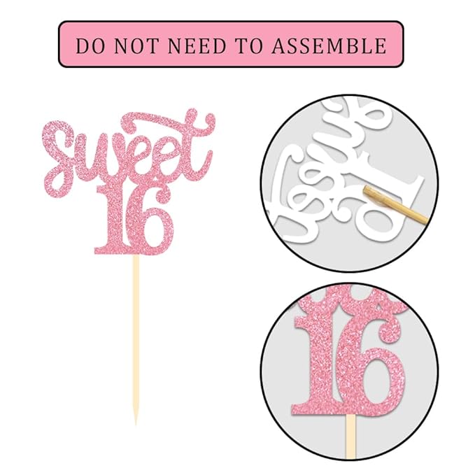 24 Pcs Sweet 16 Pink Glitter Birthday Cupcake Toppers for 16th Birthday Celebrating Party Decorations (Pink)