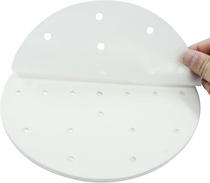 100 Pack 8 Inch Bamboo Steamer Liner - Round Air Fryer Parchment Paper with Holes - White Non Stick Steamer Paper for Air Fryer Basket, Oven, Microwave, Bamboos Steamer