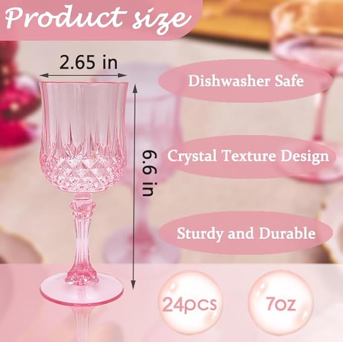 Plastic Wine Glasses,Plastic Goblets Vintage Style Cordial Drinking Glasses for Wedding Reception, Grand Event Party Supplies (24, Pink)