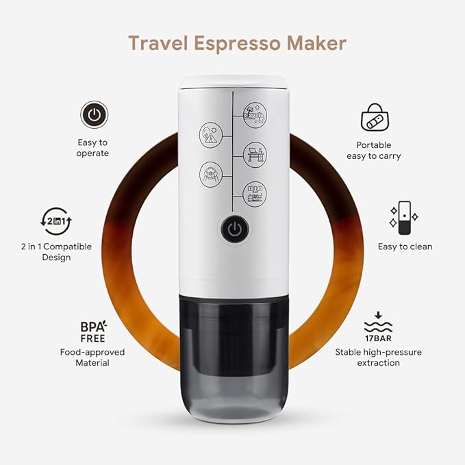 BENFUCHEN 3-in-1 Portable Espresso Machine With NO Heating Function, Type-C Charging Electric Espresso Maker, 17 Bar Mini Coffee Maker For N ESPRESSO/DolceGustoPods & Ground Coffee On the Go, White