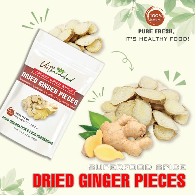 DRIED GINGER PIECES 2.47 Oz (70g) VIETFARMFOOD: Pure, natural freeze-dried spice made from real vegetables and fruits - perfect for enhancing every meal, from cooking, baking, salads, soups, sauces